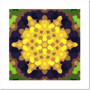 Retro Mandala Flower Yellow Purple and Green Posters and Art